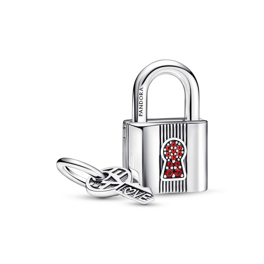 Pendente Donna Pandora Lucchetto e Chiave dellAmore con Pietre Rosse - 790088C02 - Gioielleria De Patto