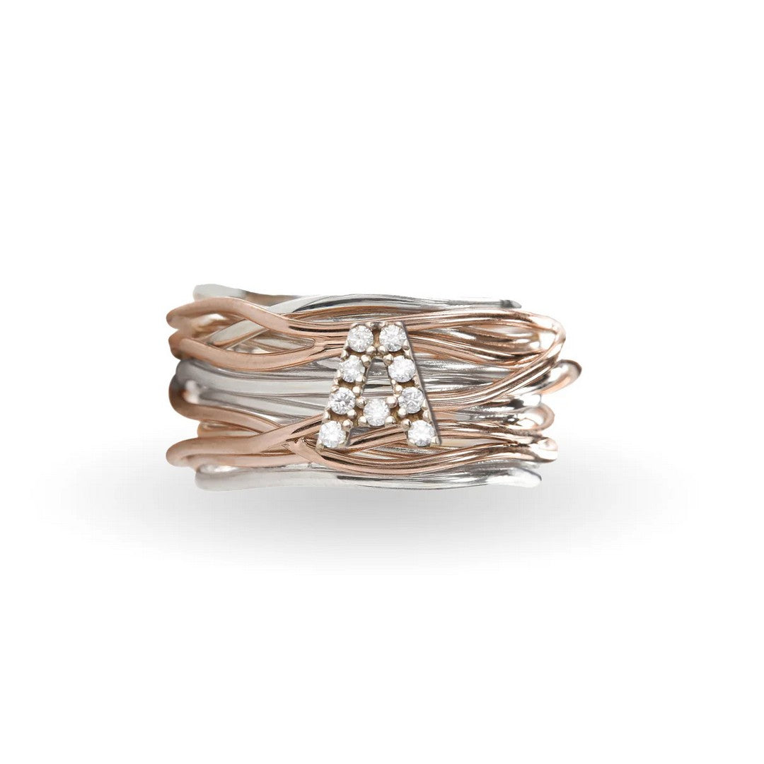 Rubinia Anello Donna Filodellavita 13 fili in Argento 925 e Oro Rosa 9kt e iniziale con Diamanti - AN290AR - Gioielleria De Patto