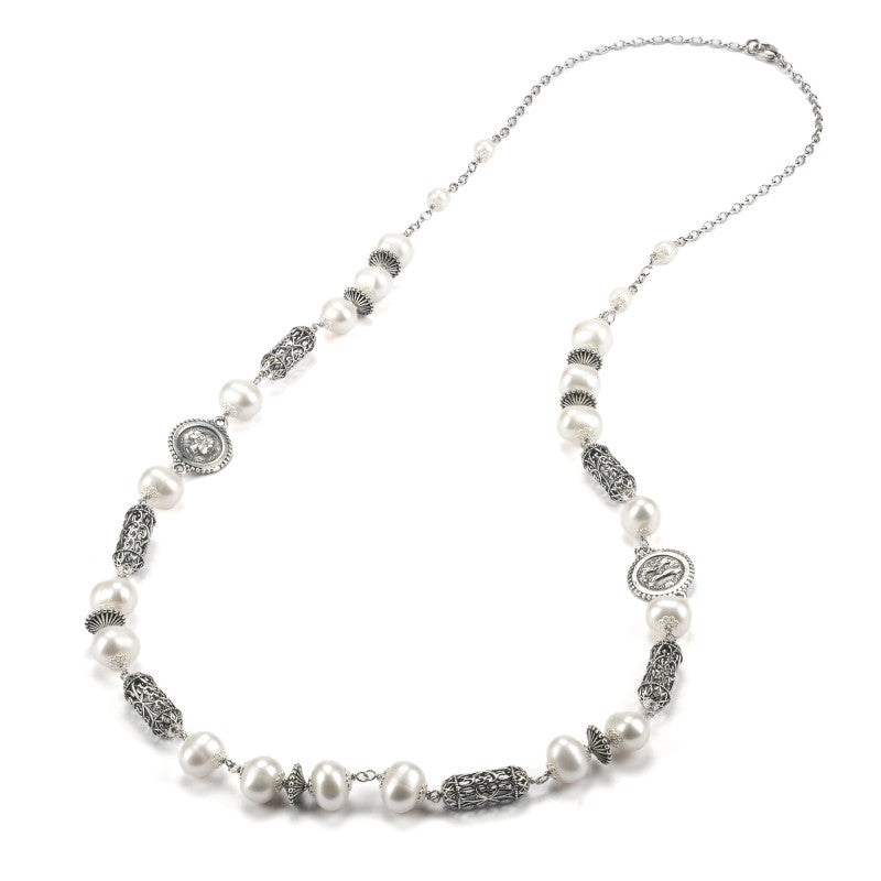 Gerardo Sacco Collana lunga argento brunito con simboli Magna Grecia e perle - 27992