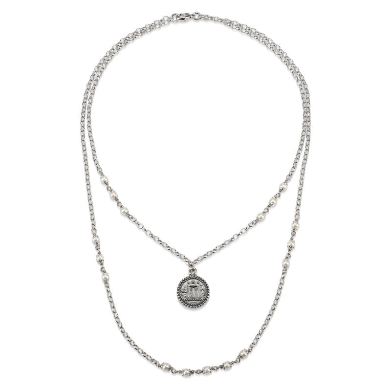 Gerardo Sacco Collana doppio filo argento brunito con Moneta e perle - 27972