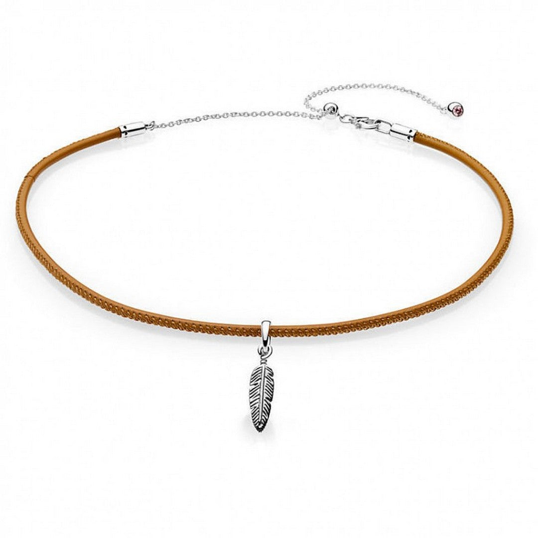 Collana Donna Pandora Choker Color Pelle con Piuma - 397197CGT - Gioielleria De Patto