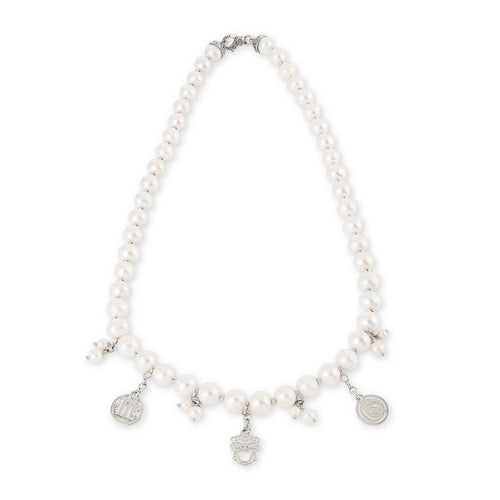 Gerardo Sacco Collana arg.925/000 perle naturali coltivate maschere statere e logo