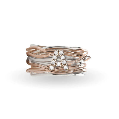 Rubinia Anello Donna Filodellavita 13 fili in Argento 925 e Oro Rosa 9kt e iniziale con Diamanti - AN290AR - Gioielleria De Patto